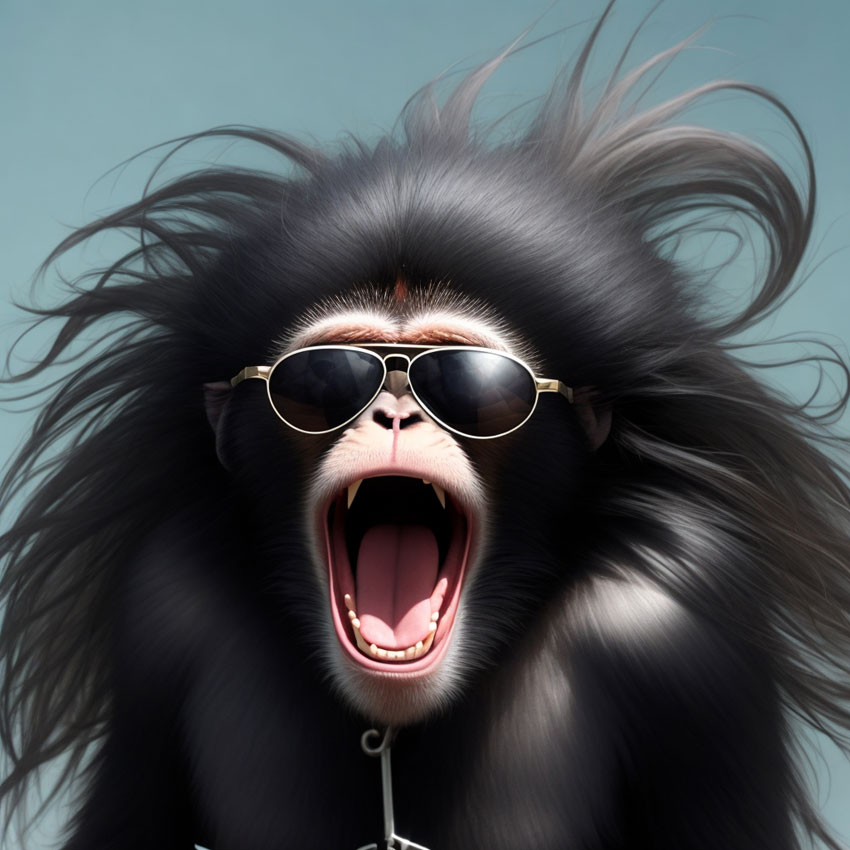 aufgebrachter Affe mit langen schwarzen Haaren und Sonnenbrille
