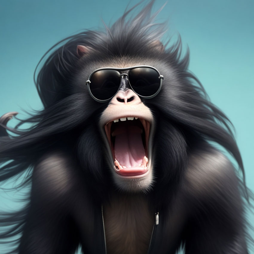 schreiender Affe mit langen schwarzen Haaren und Sonnenbrille