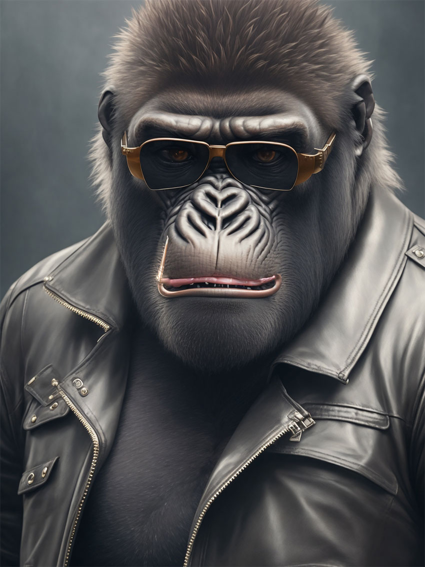 verärgerter Gorilla mit Sonnenbrille und Lederjacke